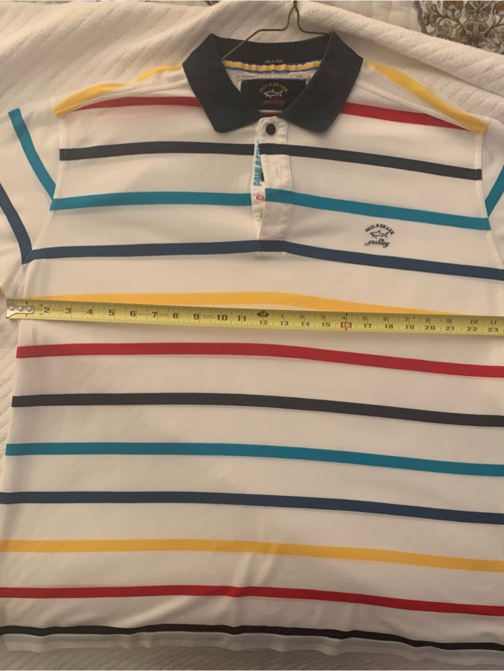 Paul & Shark Men’s White Polo with Navy Collar and Multicolor Stripes